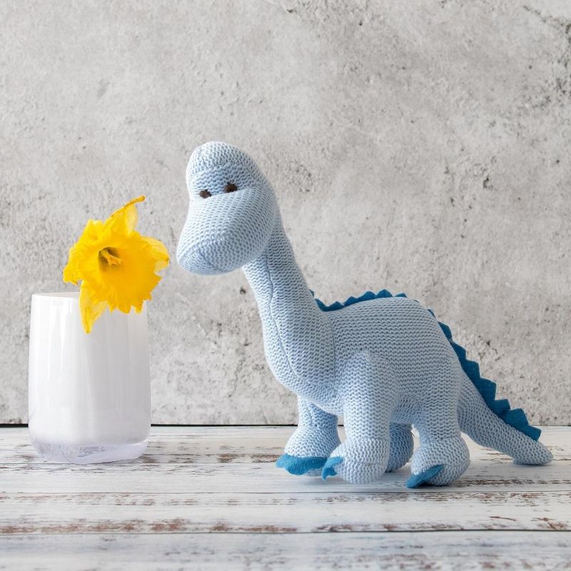 Strikket økologisk Bomull Blå Dinosaur Baby Rangle