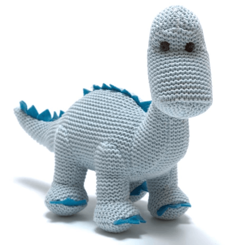 Strikket økologisk Bomull Blå Dinosaur Baby Rangle